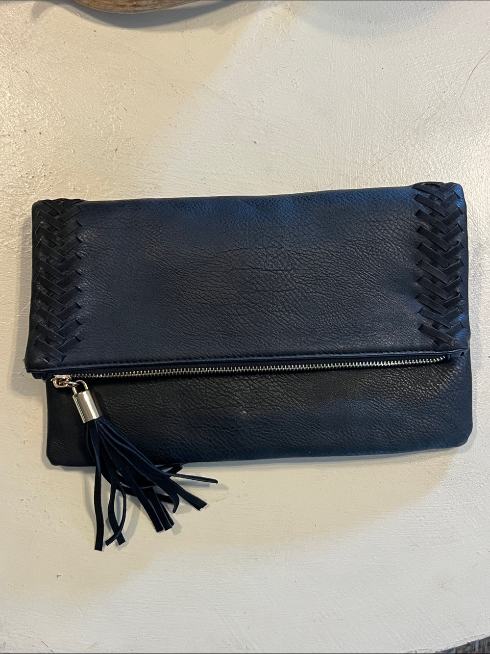 Moda Luxe Women’s Black Fold-Over Tassel Clutch